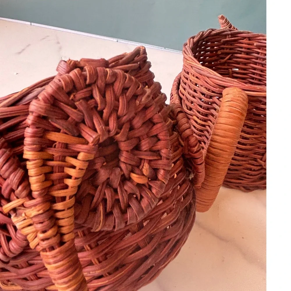 Vintage Owl Wicker Basket Cups Set of 2 Brown Woven Boho Storage Handles